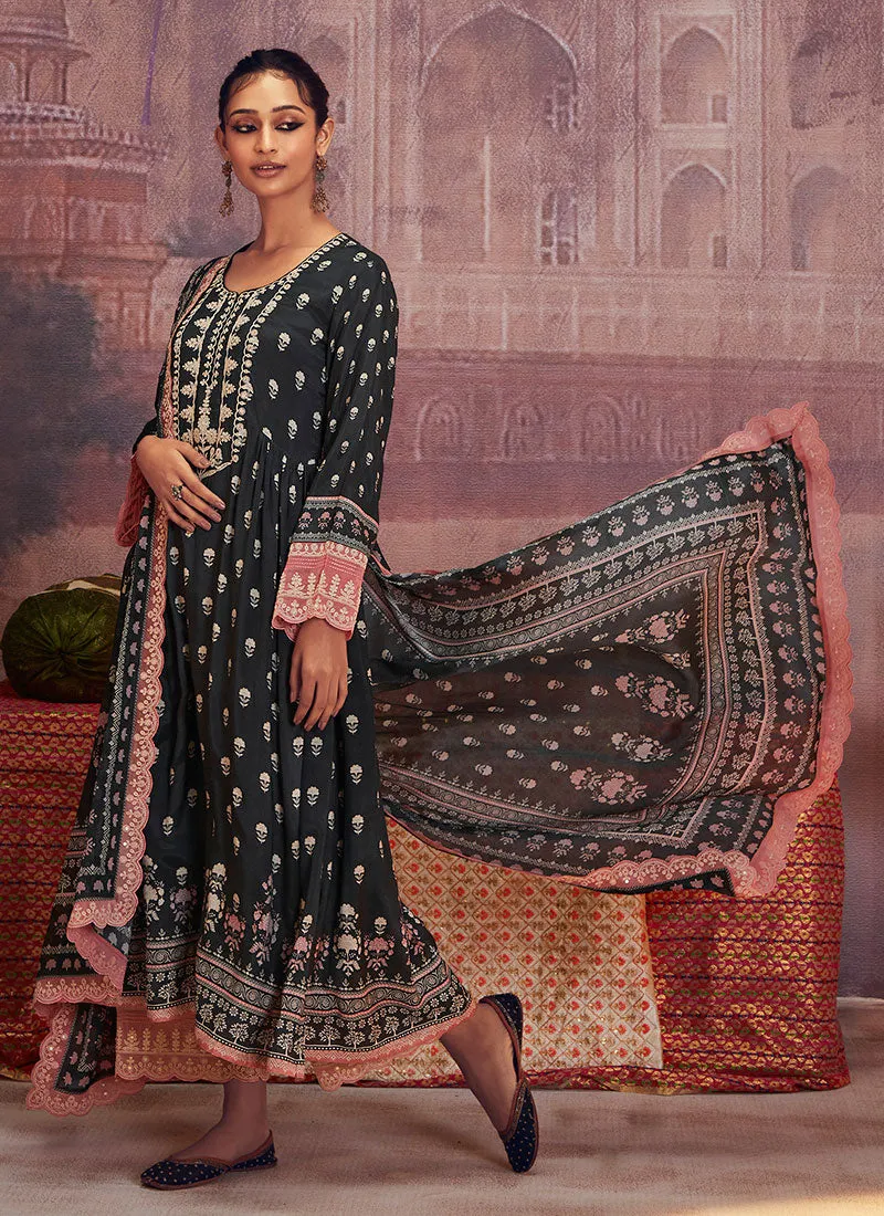 Black And Pink Thread Embroidery Anarkali Palazzo Suit