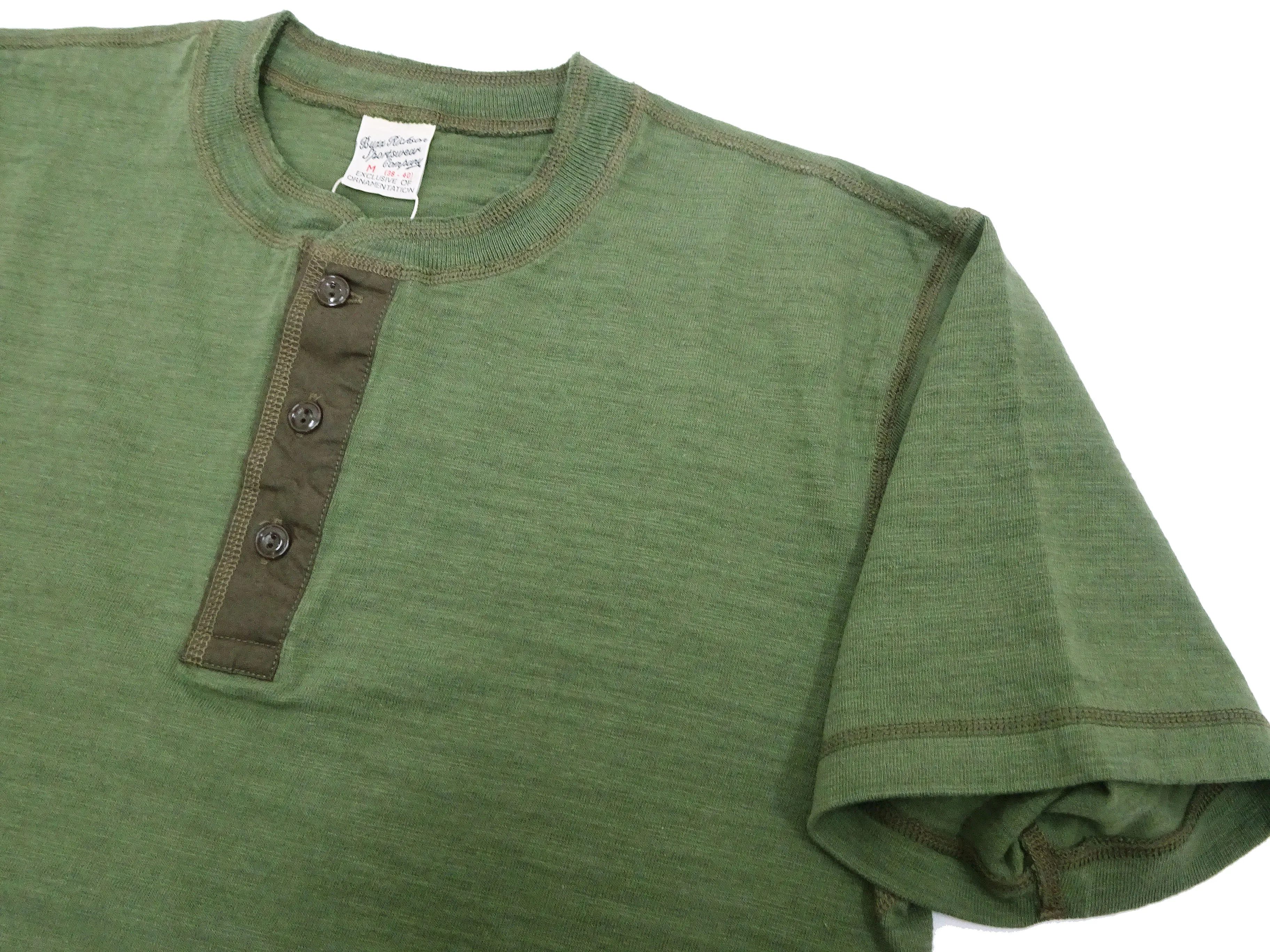 Buzz Rickson Henley T-Shirt Men's Short Sleeve Plain Loopwheeled Slub Yarn Tee BR79192 149 Olive