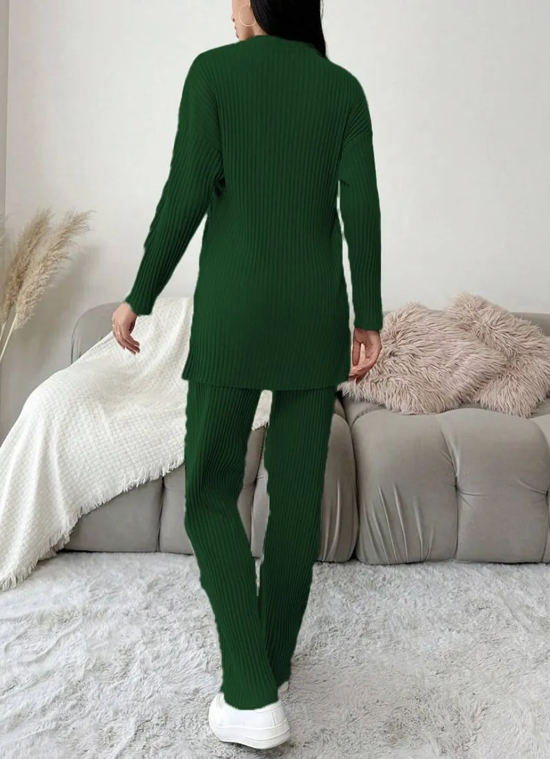 Dark Green Cotton Ribbed Co-Ord Set