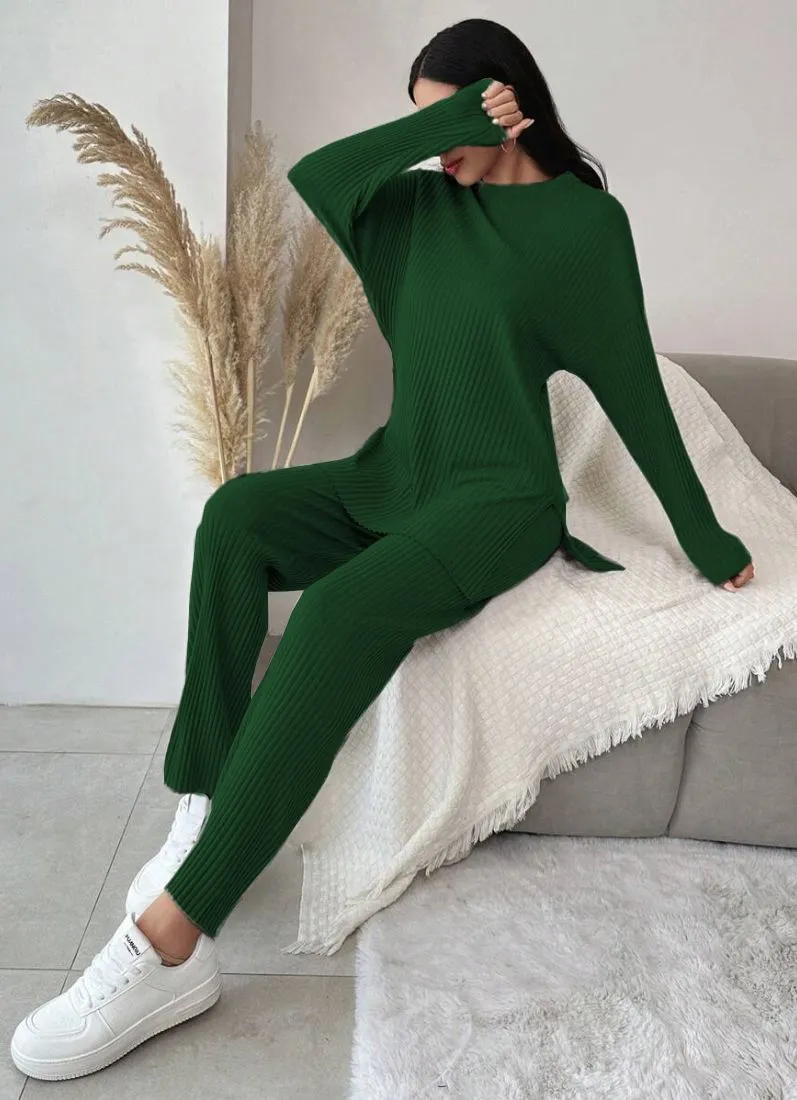 Dark Green Cotton Ribbed Co-Ord Set