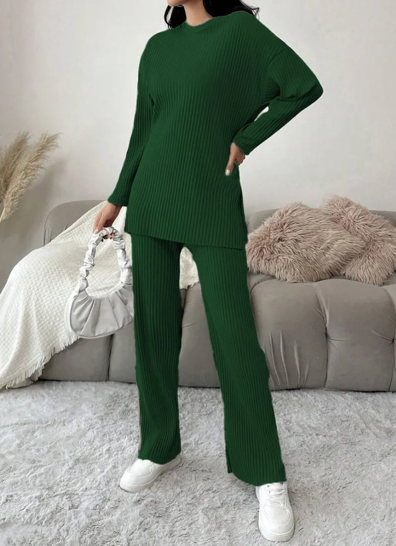 Dark Green Cotton Ribbed Co-Ord Set