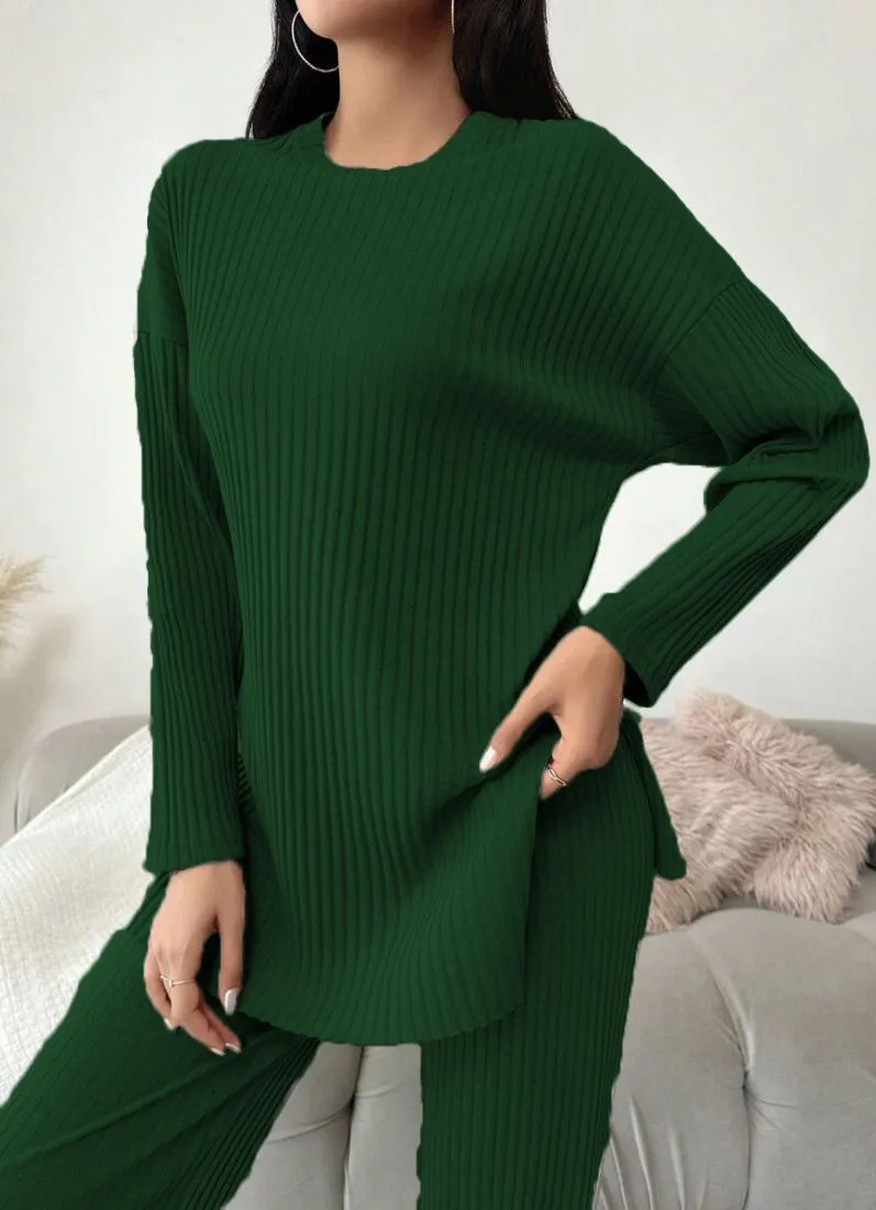 Dark Green Cotton Ribbed Co-Ord Set