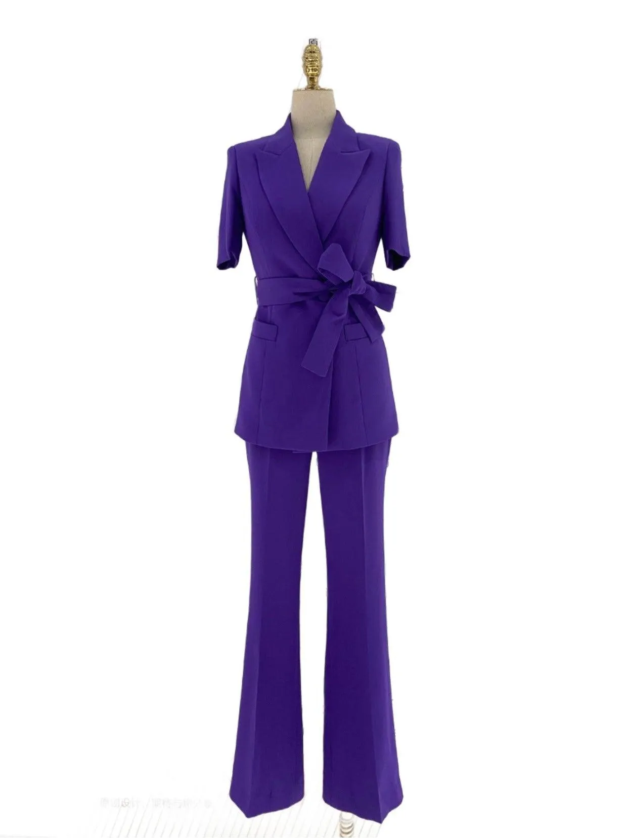 Dark Purple Short-Sleeved Belted Women Pant Suit