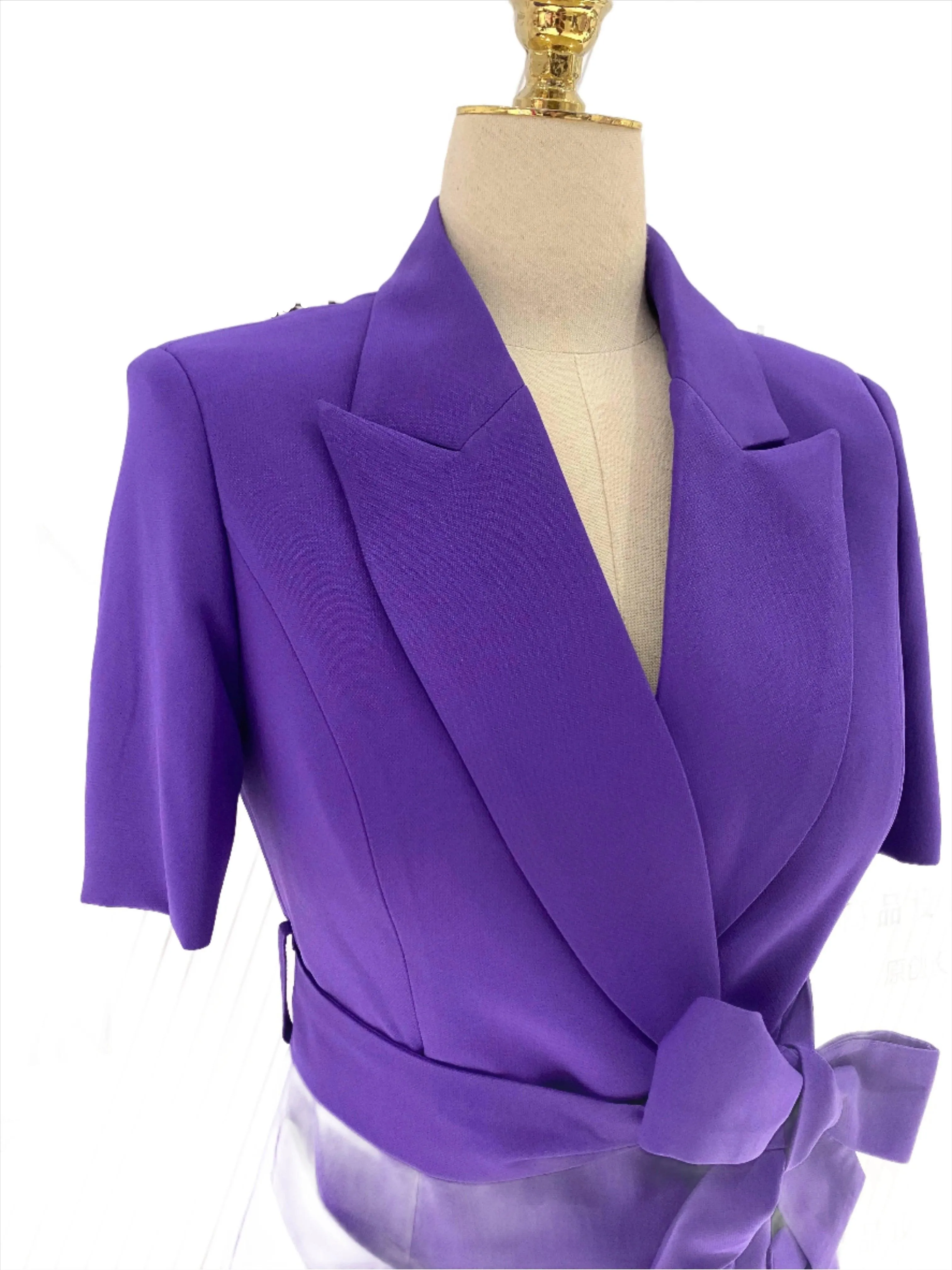 Dark Purple Short-Sleeved Belted Women Pant Suit