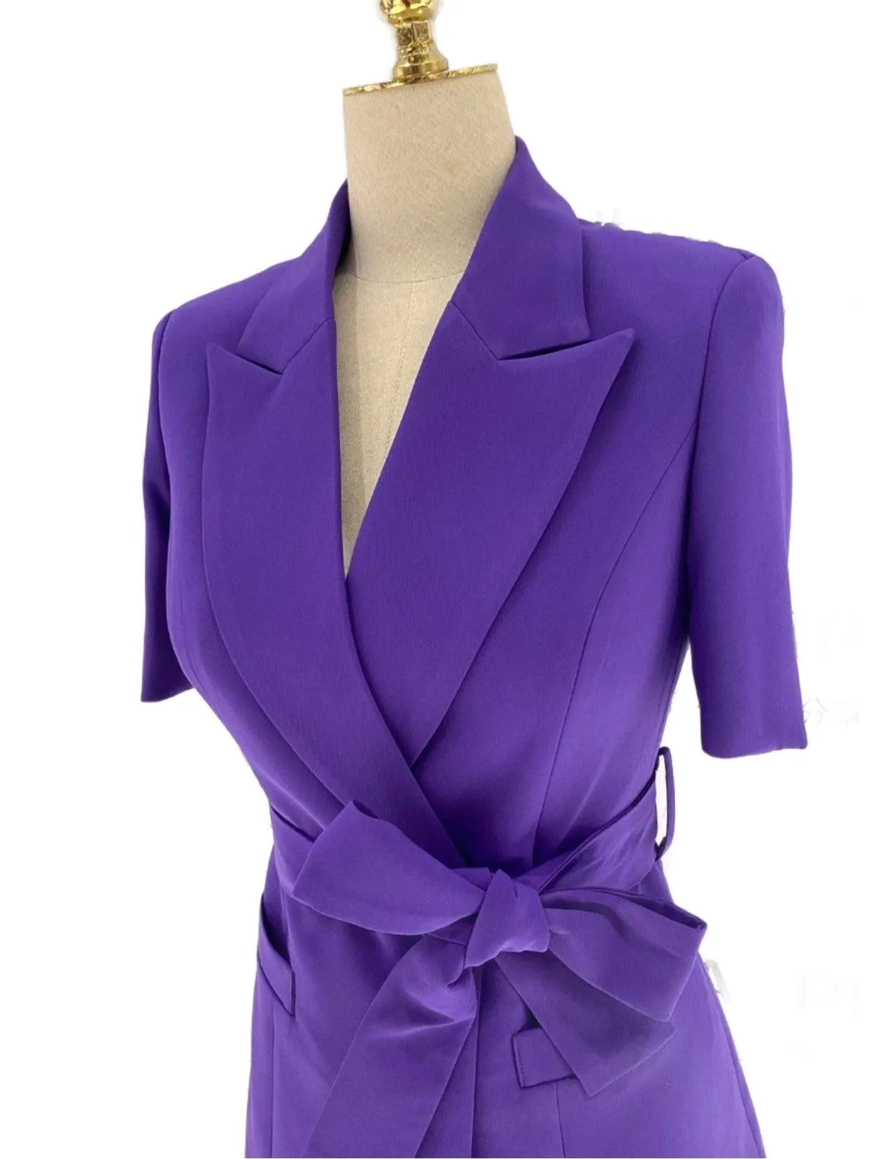 Dark Purple Short-Sleeved Belted Women Pant Suit