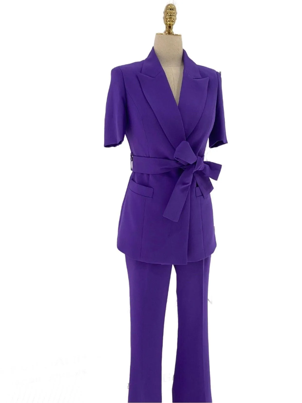 Dark Purple Short-Sleeved Belted Women Pant Suit