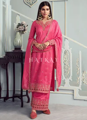 Deep Pink Embroidery Festive Palazzo Suit