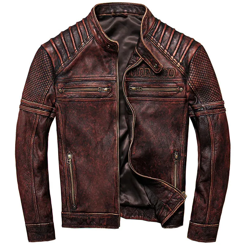 Durable Brown Biker Jacket / Genuine Leather Motorcycle Jackets / Vintage Men's Clothing