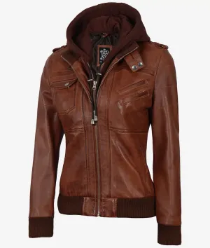 Edinburgh Womens Brown Cognac Bomber Hooded Leather Jacket