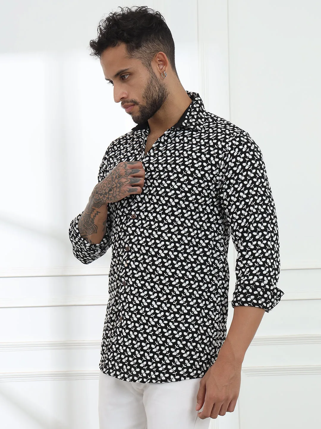 Firangi Yarn Super Soft Full Sleeves Chikankari Embroided Men's Shirt in Black