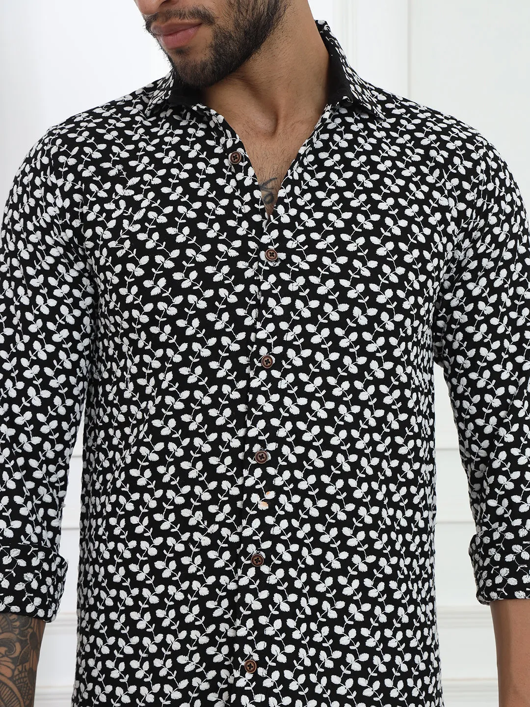 Firangi Yarn Super Soft Full Sleeves Chikankari Embroided Men's Shirt in Black