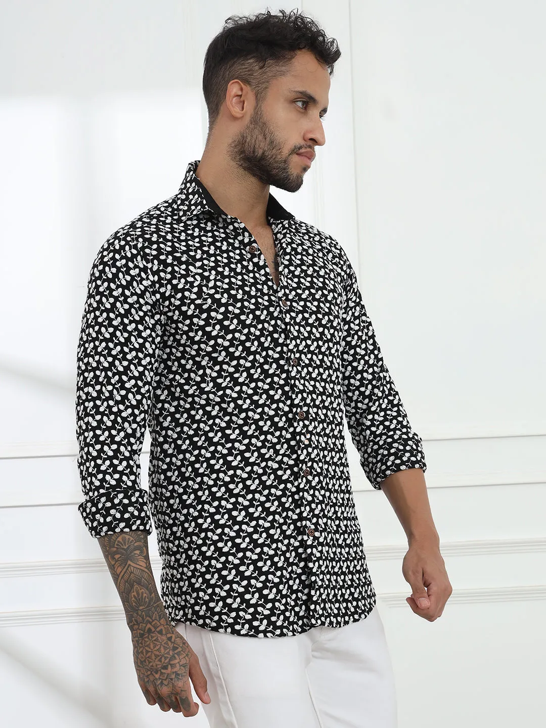 Firangi Yarn Super Soft Full Sleeves Chikankari Embroided Men's Shirt in Black