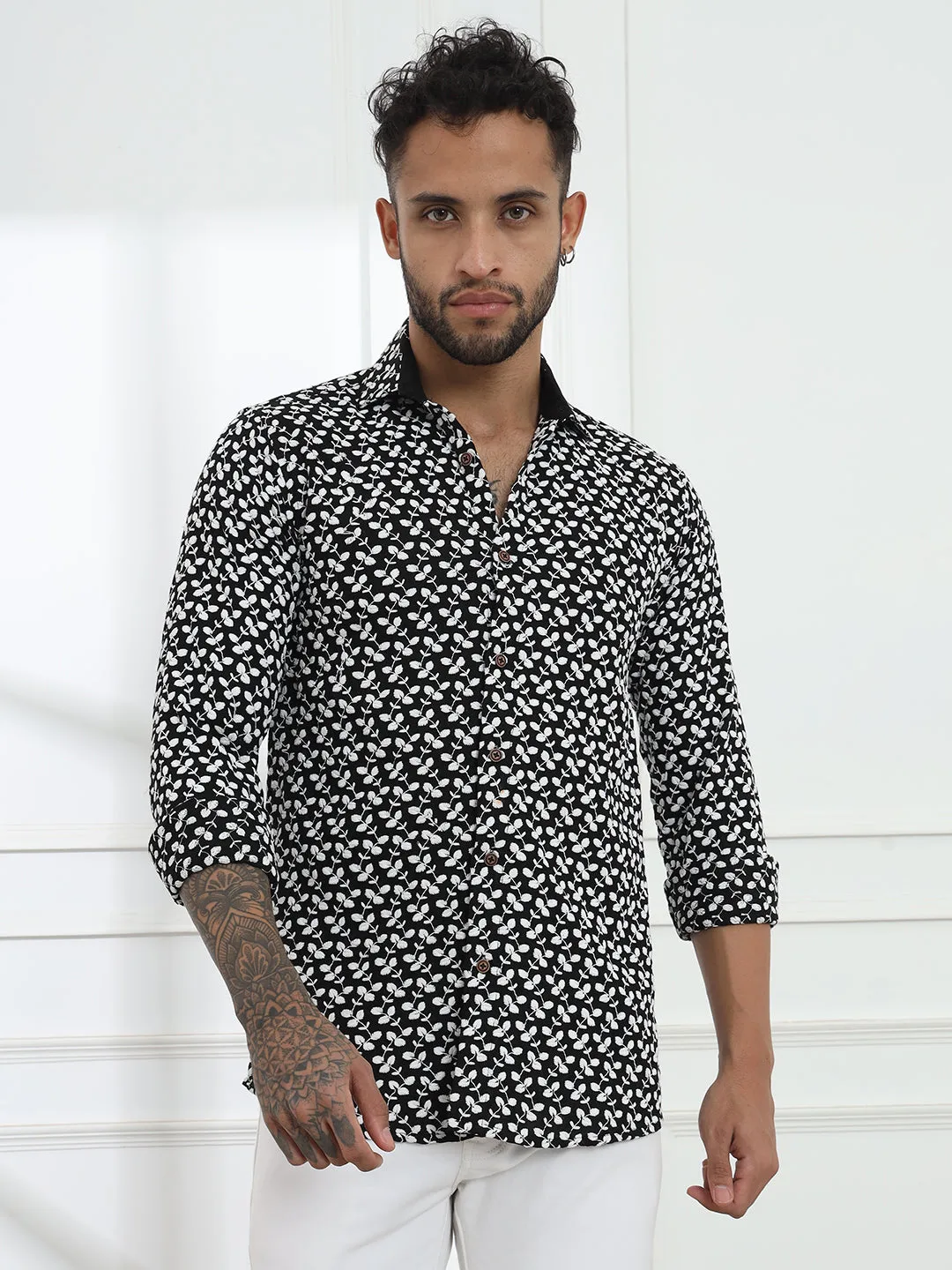 Firangi Yarn Super Soft Full Sleeves Chikankari Embroided Men's Shirt in Black