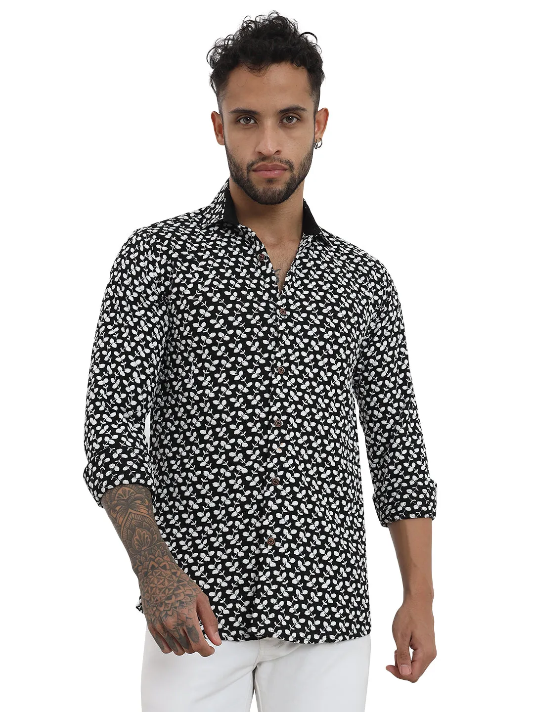 Firangi Yarn Super Soft Full Sleeves Chikankari Embroided Men's Shirt in Black