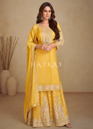 Golden Yellow Embroidered Kurti And Palazzo Suit