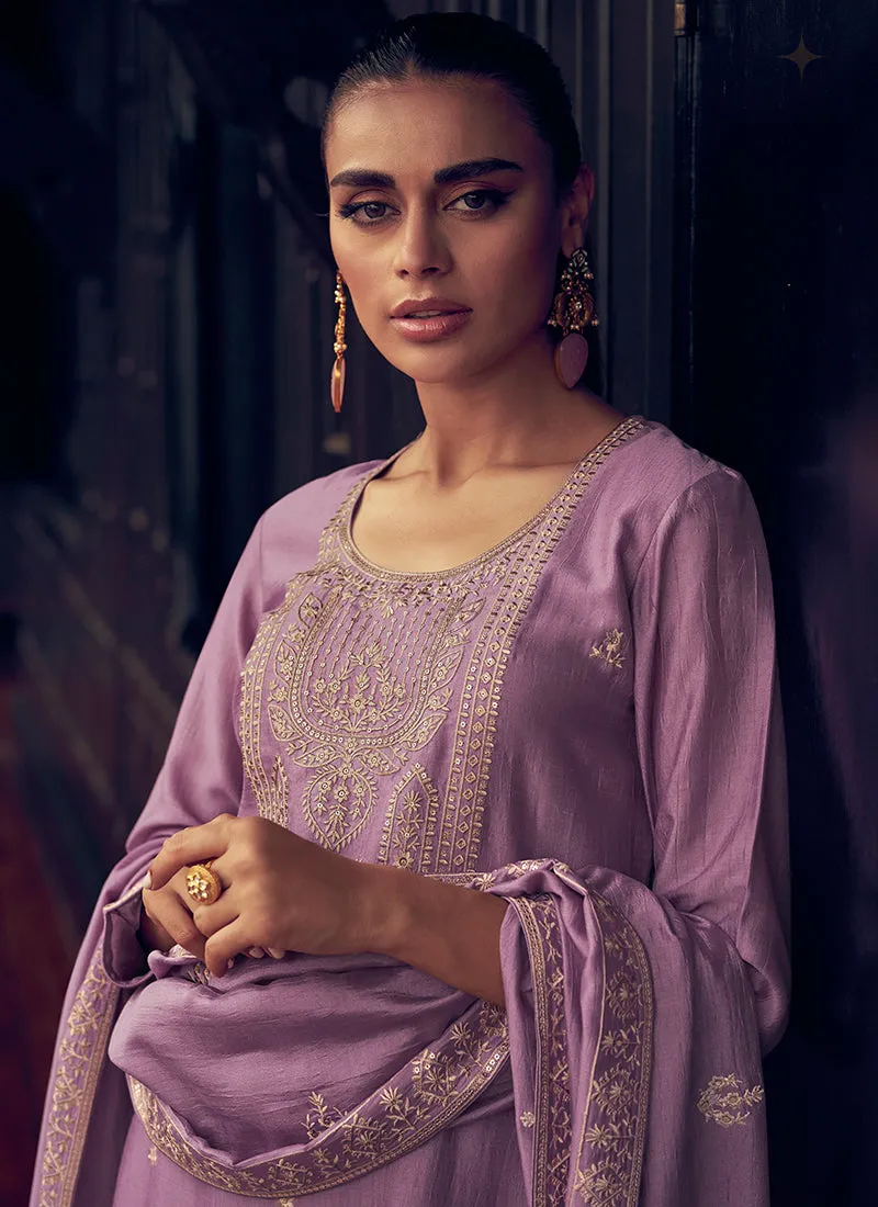 Lavender Purple Sequence Embroidery Traditional Palazzo Suit