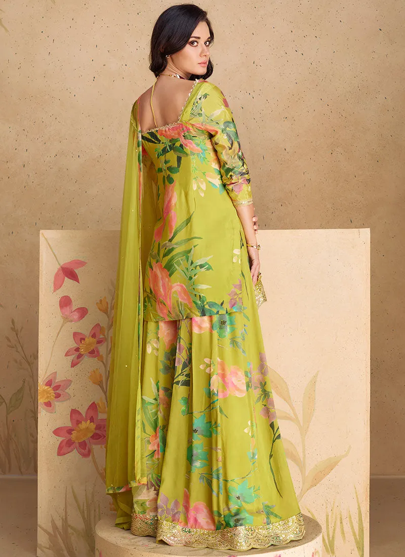 Lime Green Embroidered Printed Palazzo Suit