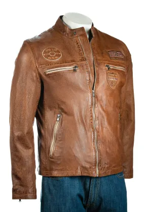 Men's Brown Slim Fit Leather Racer Jacket With Badges - Justin