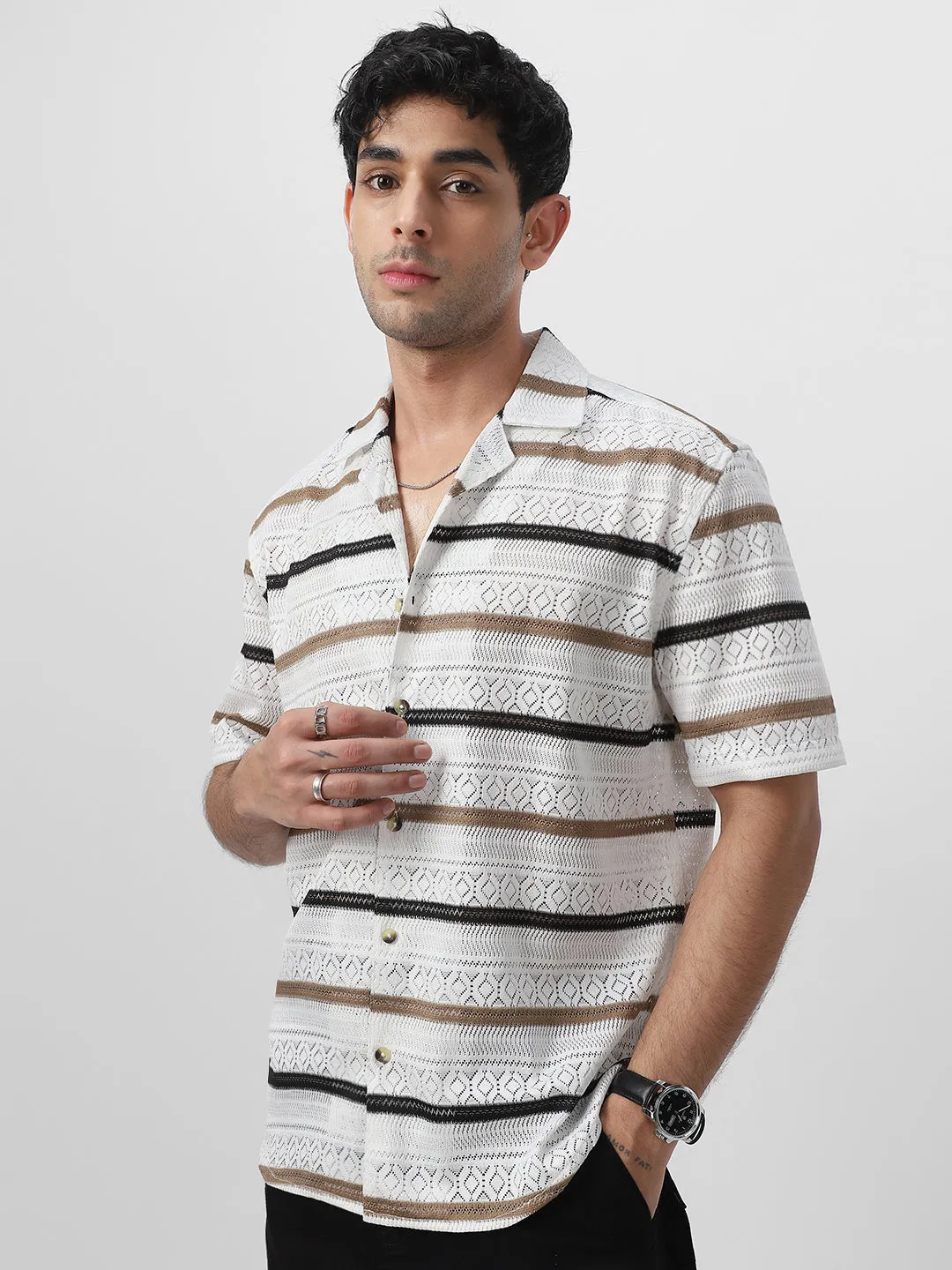 Men's White, Brown Cotton Half Sleeve Oversized Fit Textured Crochet Shirt with Cuban Collar