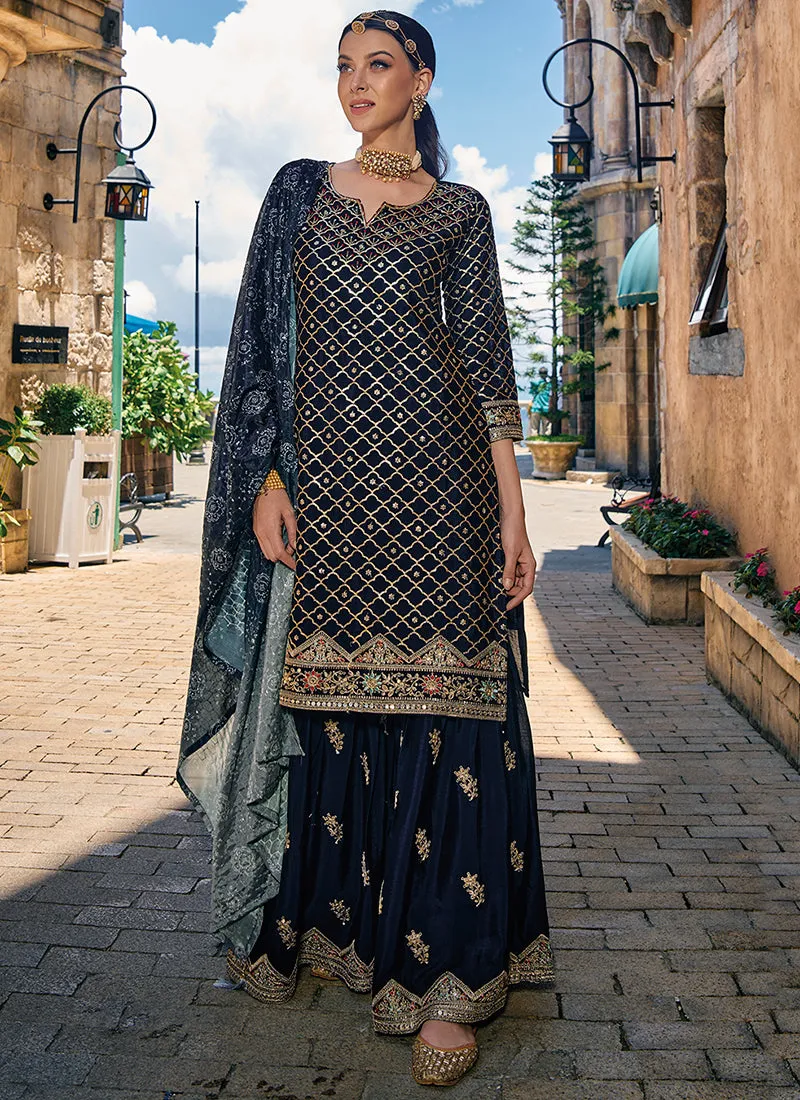 Navy Blue Traditional Embroidery Wedding Gharara Style Suit