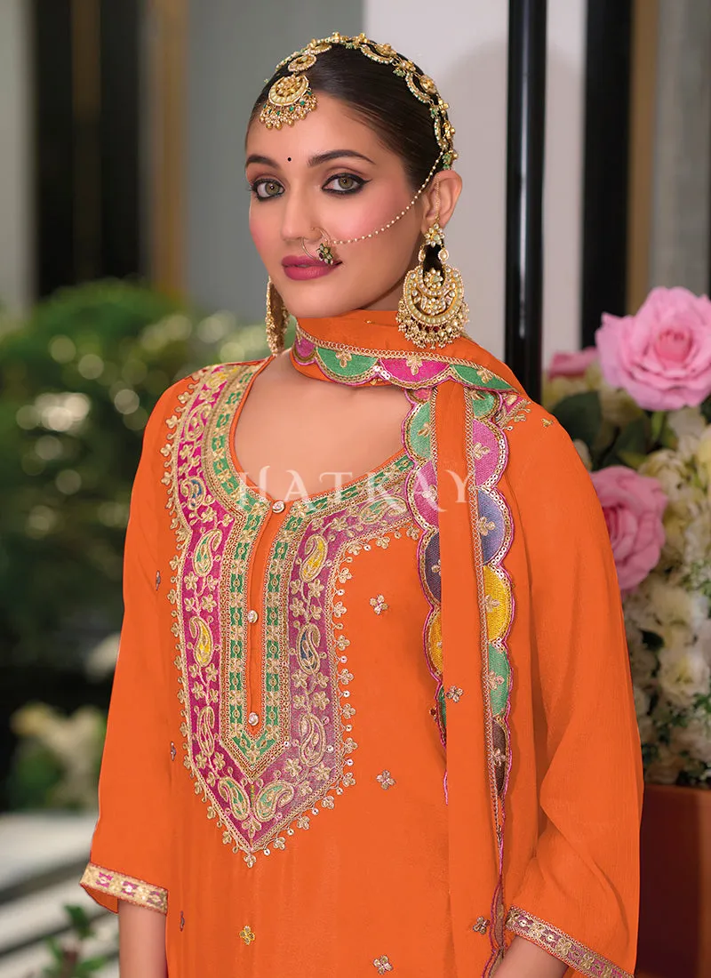 Orange Multi Embroidery Palazzo Suit