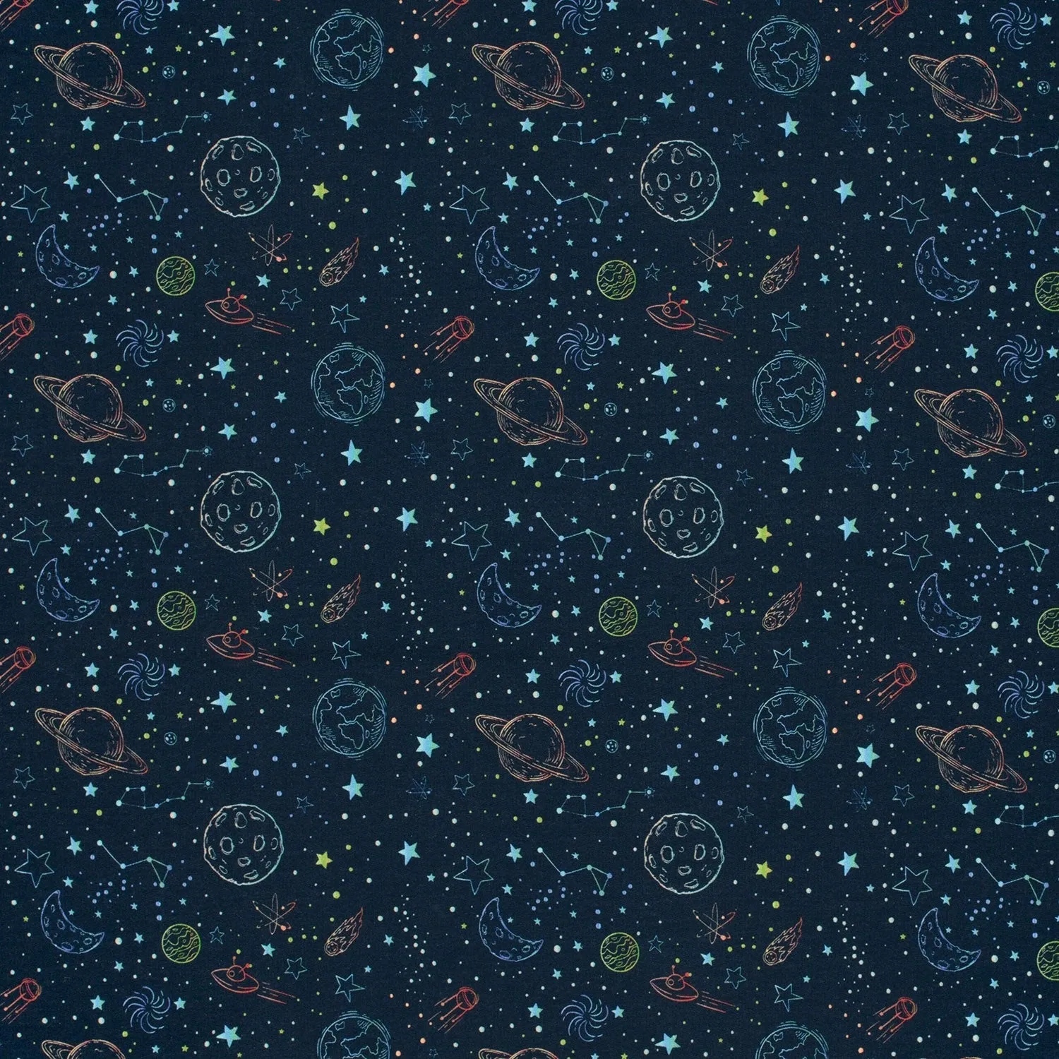 Outer Space Planets & Stars - French Terry Fabric - Navy