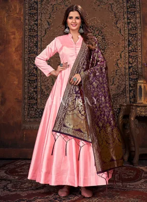 Pink And Wine Silk Embroidered Anarkali Suit