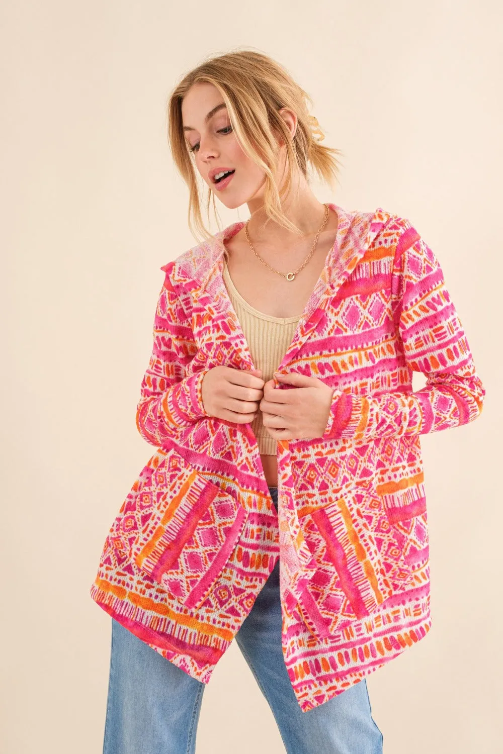 Printed Thermal Hooded Open Front Cardigan