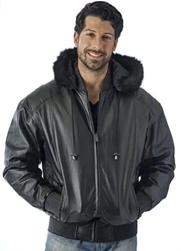 REED Men's Hooded Leather Bomber Jacket with Zip Out - Imported