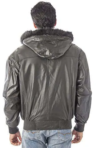 REED Men's Hooded Leather Bomber Jacket with Zip Out - Imported