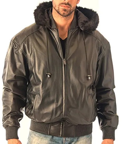 REED Men's Hooded Leather Bomber Jacket with Zip Out - Imported