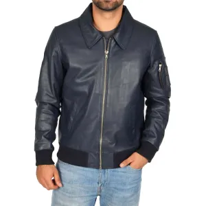 Spine Spark Men's Navy Blue Bomber Pilot Style Leather Jacket