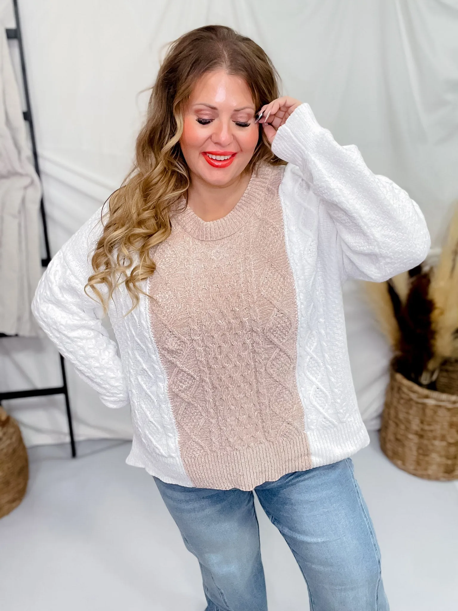 Taupe & White Long Sleeve Knit Sweater