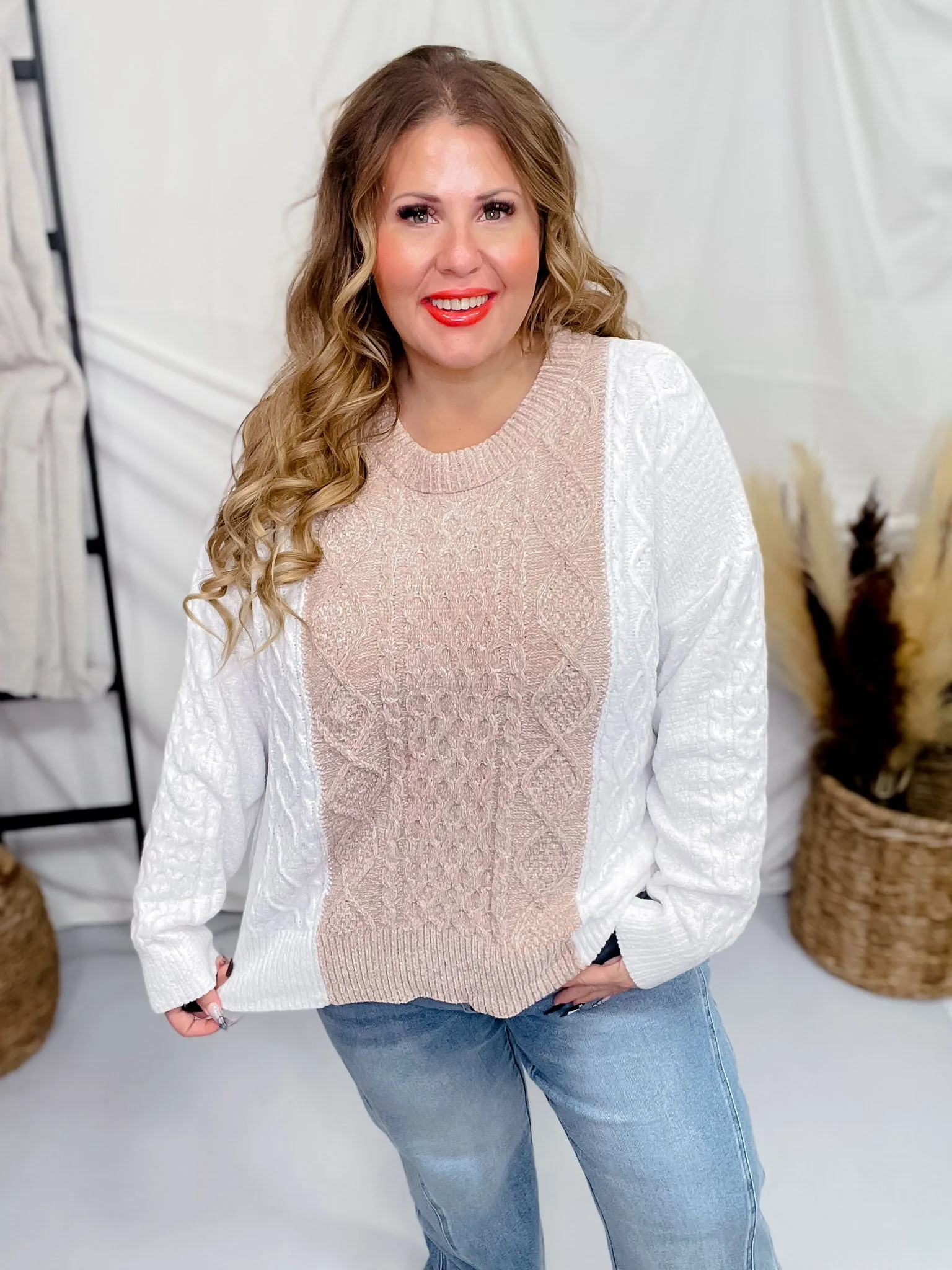 Taupe & White Long Sleeve Knit Sweater