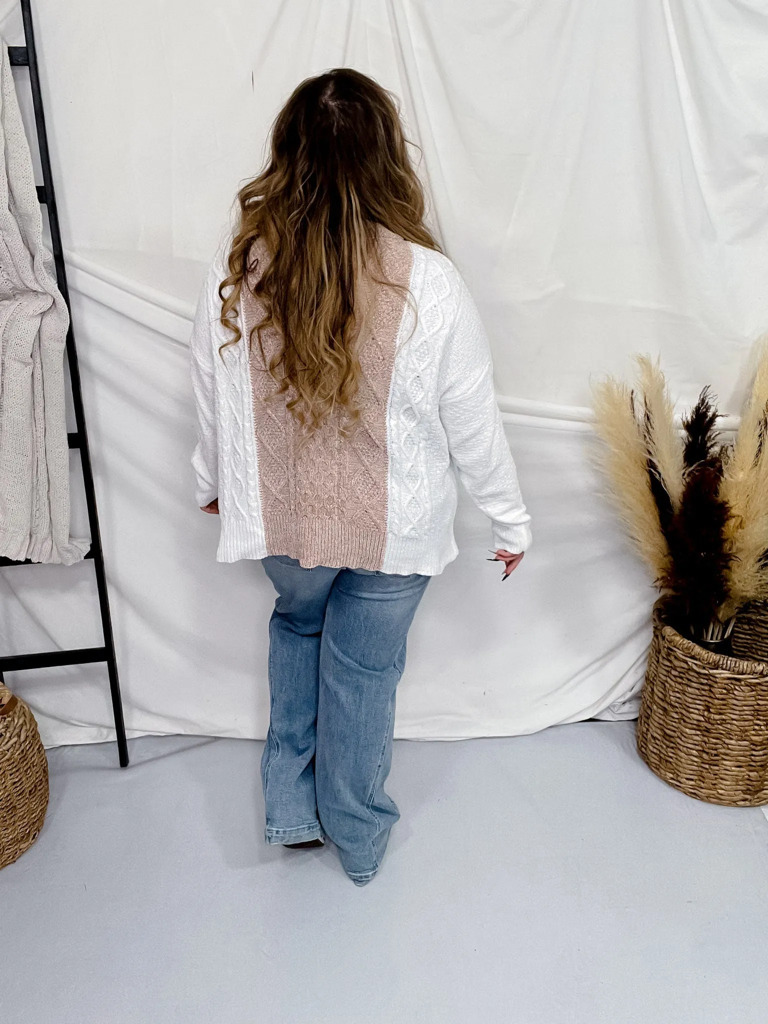 Taupe & White Long Sleeve Knit Sweater