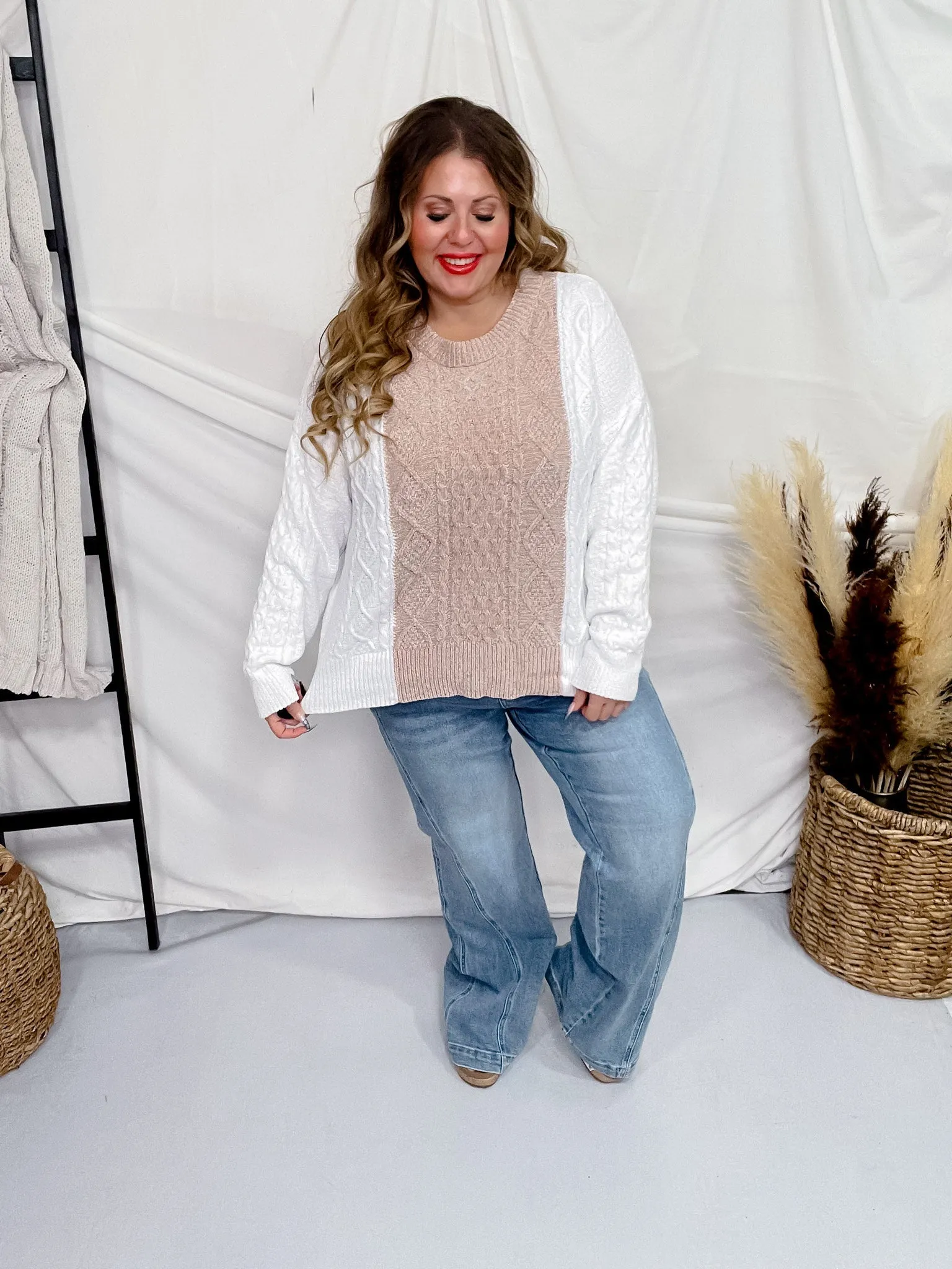 Taupe & White Long Sleeve Knit Sweater