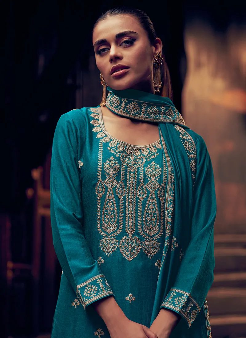 Turquoise Sequence Embroidery Traditional Palazzo Suit