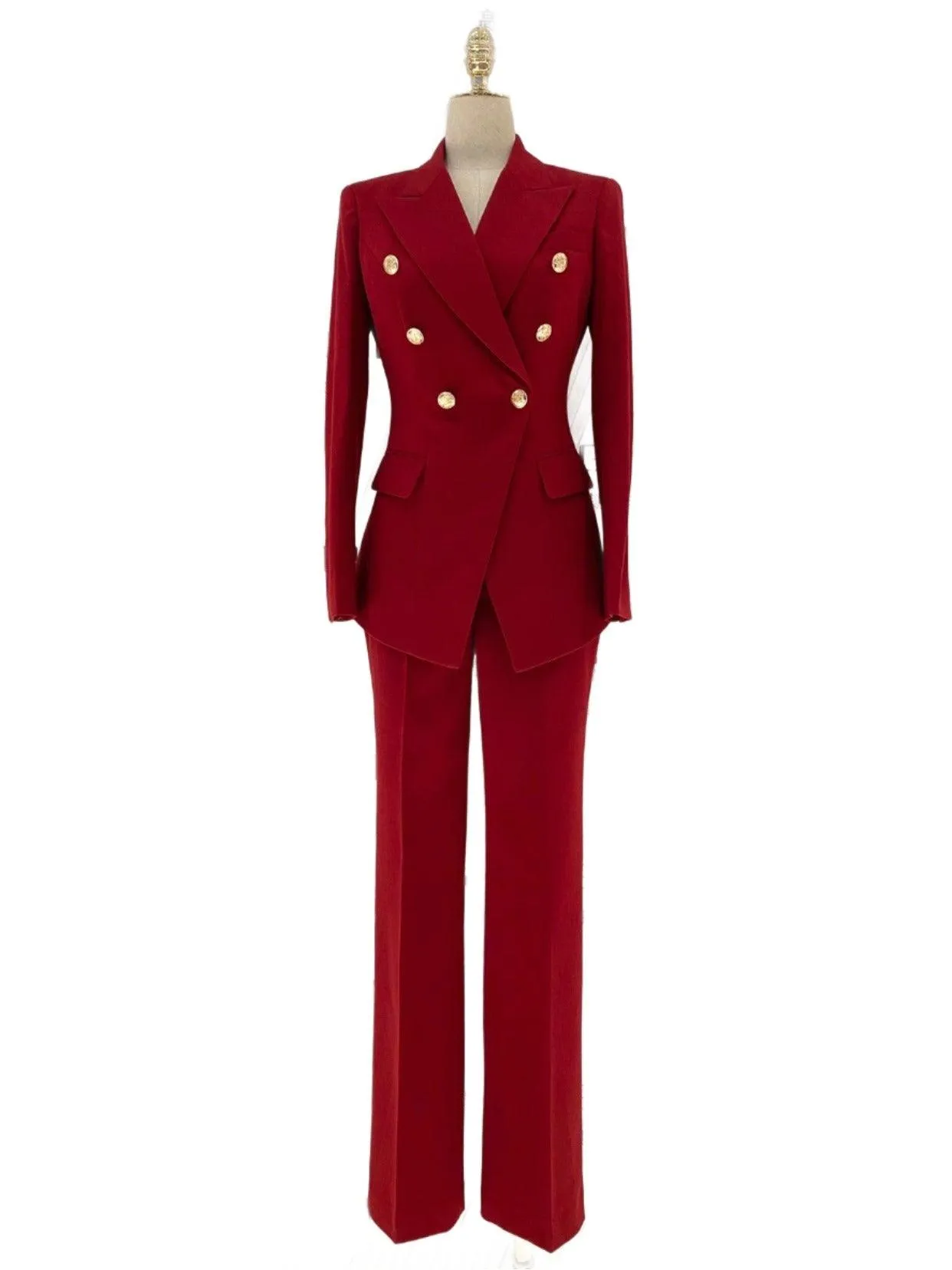 Women Pant Suit, Red Slim Fit Double Breasted Formal Pantsuit