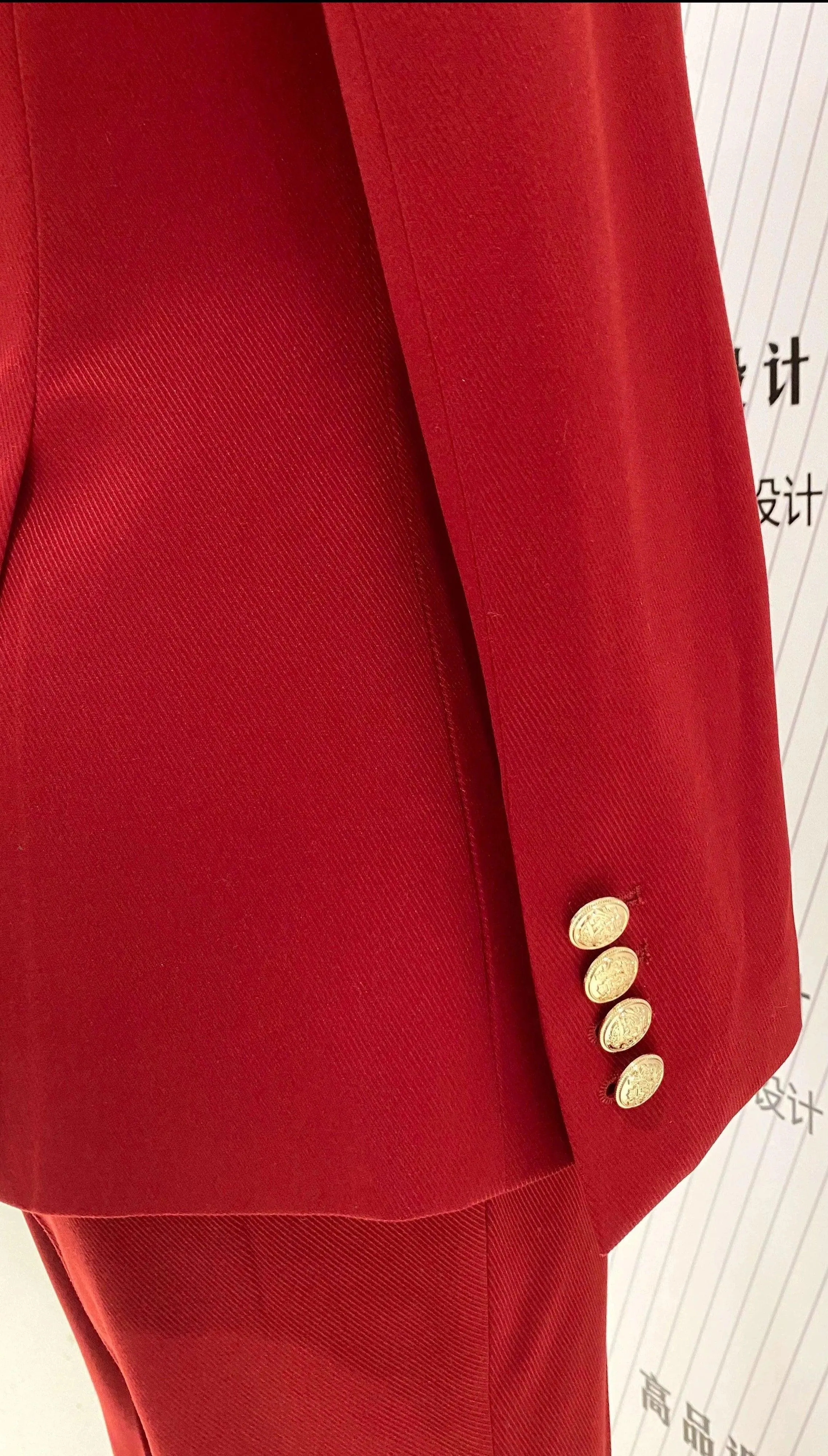 Women Pant Suit, Red Slim Fit Double Breasted Formal Pantsuit