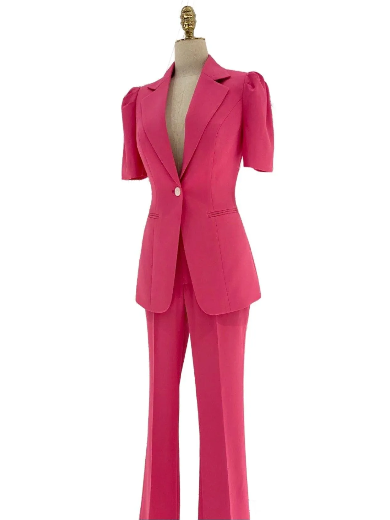 Women Pant Suit - Rose Red One-button Trouser Suit