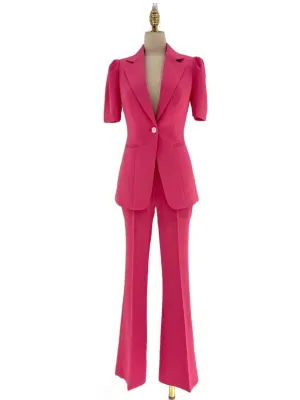 Women Pant Suit - Rose Red One-button Trouser Suit