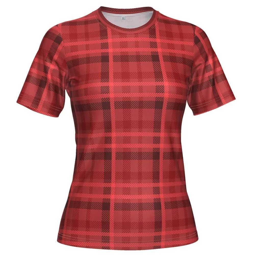 Women's Red Plaid Tartan Short Sleeve Running Shirt