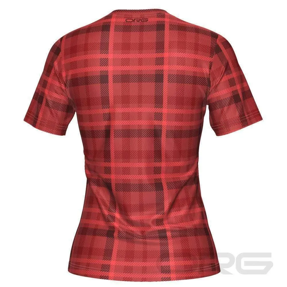 Women's Red Plaid Tartan Short Sleeve Running Shirt