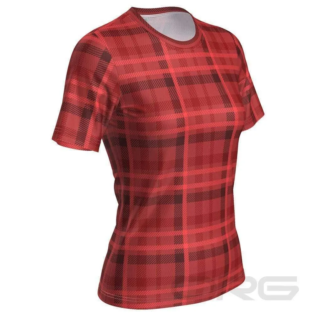 Women's Red Plaid Tartan Short Sleeve Running Shirt