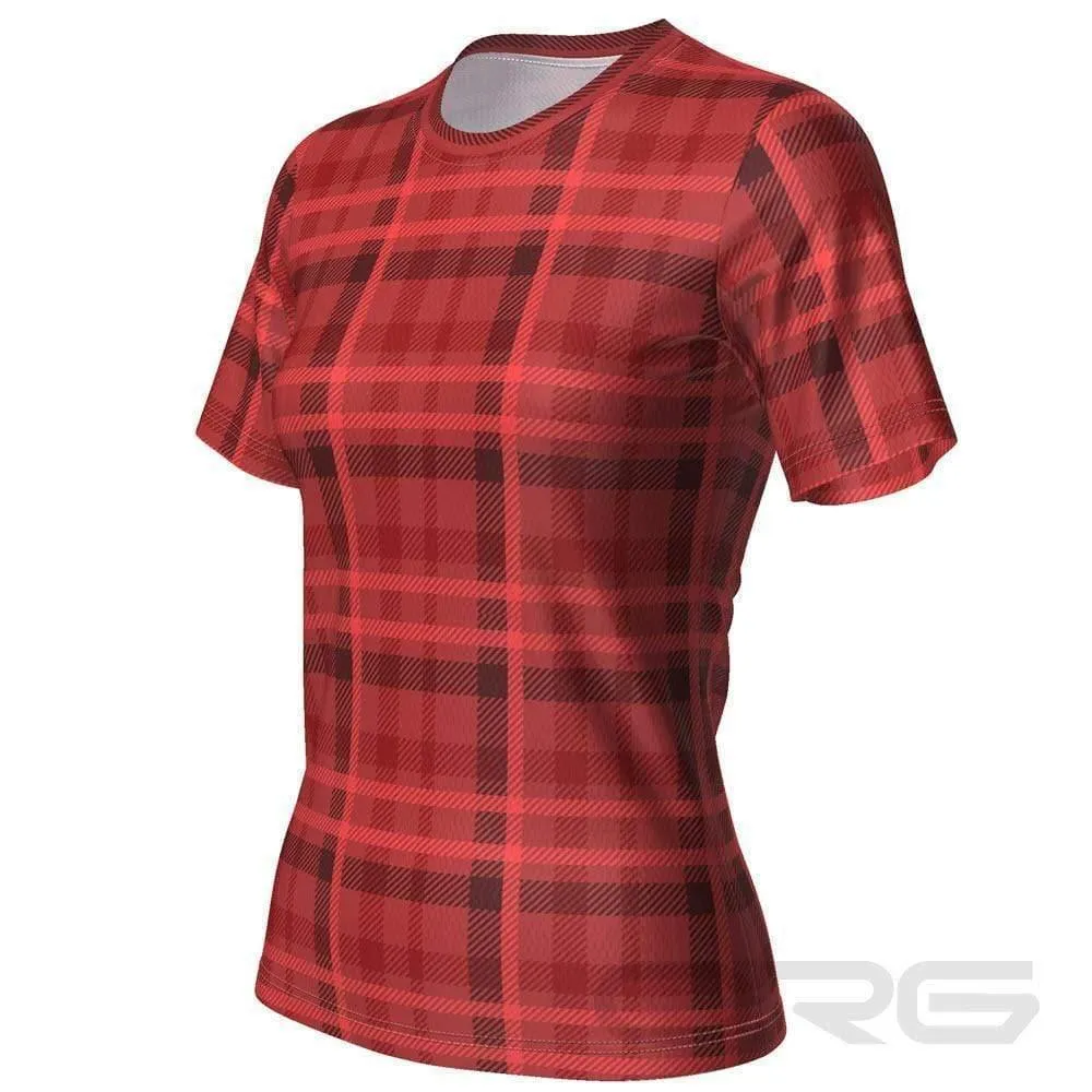 Women's Red Plaid Tartan Short Sleeve Running Shirt