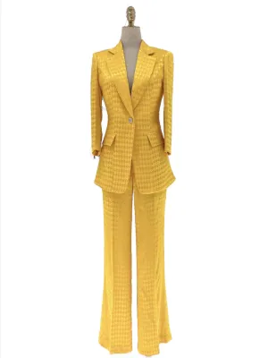 Yellow Plaid Women Pant Suit - Thin Half Sleeve Trouser Suit